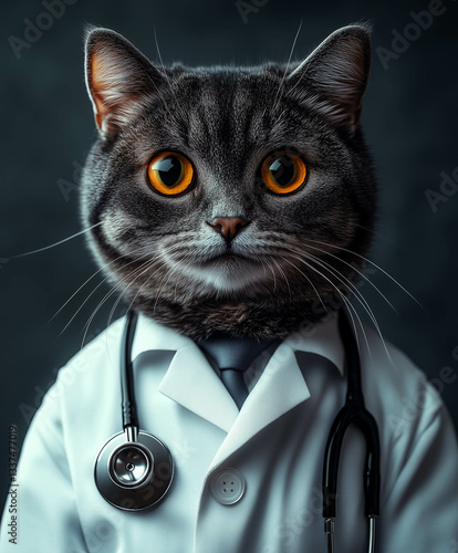 Cat dressed as a doctor with a white coat and stethoscop