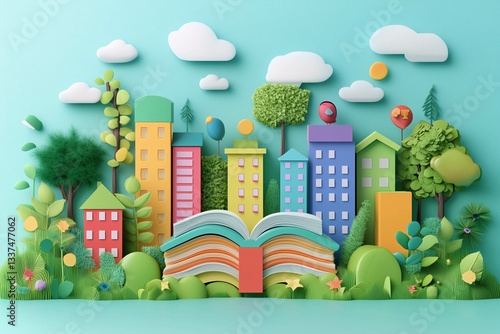Whimsical paper cityscape growing from an open book