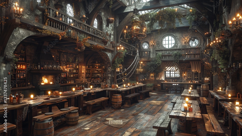 Cozy Medieval Tavern with Candlelit Wooden Tables and Rustic Charm Cozy Medieval Tavern with Candlelit Wooden Tables and Rustic Charm