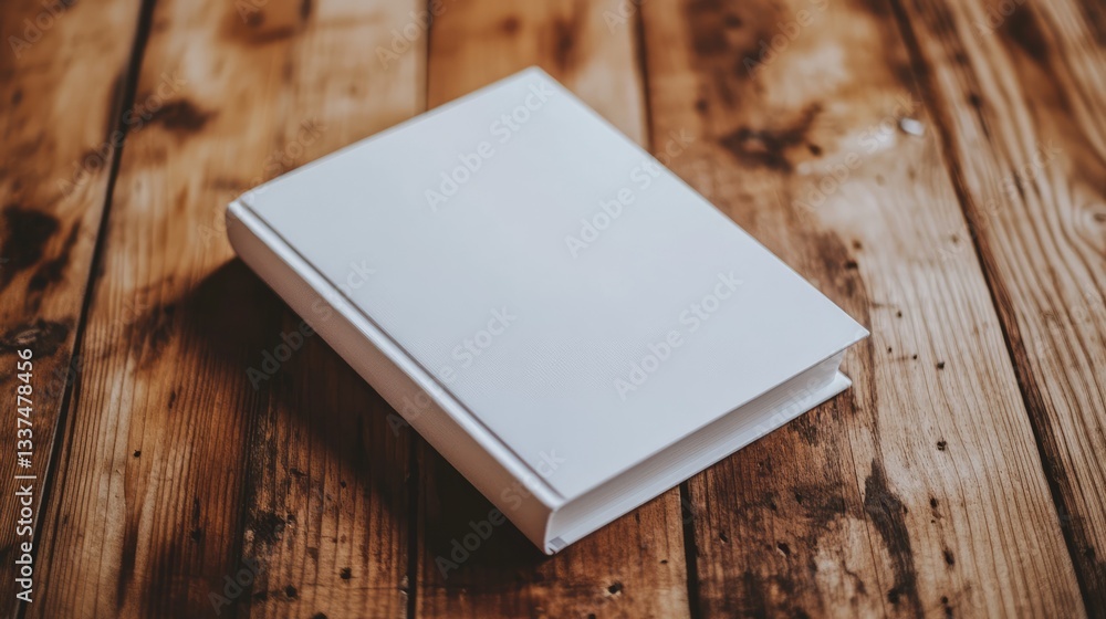 Fototapeta premium A blank, closed book resting on a rustic wooden table, evoking a sense of simplicity and tranquility