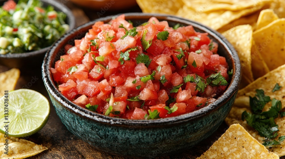 Vibrant tomato salsa in a bowl, surrounded by tortilla chips and other salsas Vibrant tomato salsa in a bowl, surrounded by tortilla chips and other salsas