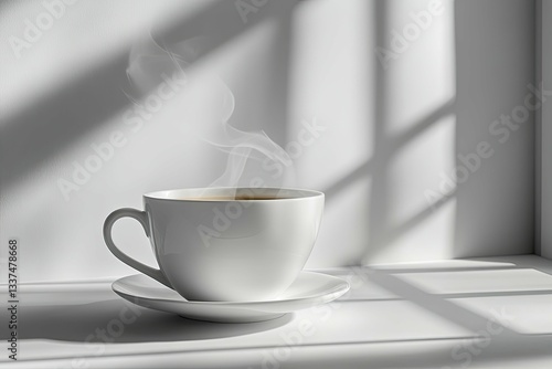 Wallpaper Mural A white teacup on a saucer with rising steam and shadows Torontodigital.ca