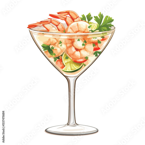 Elegant Shrimp Ceviche in Martini Glass Vector Illustration