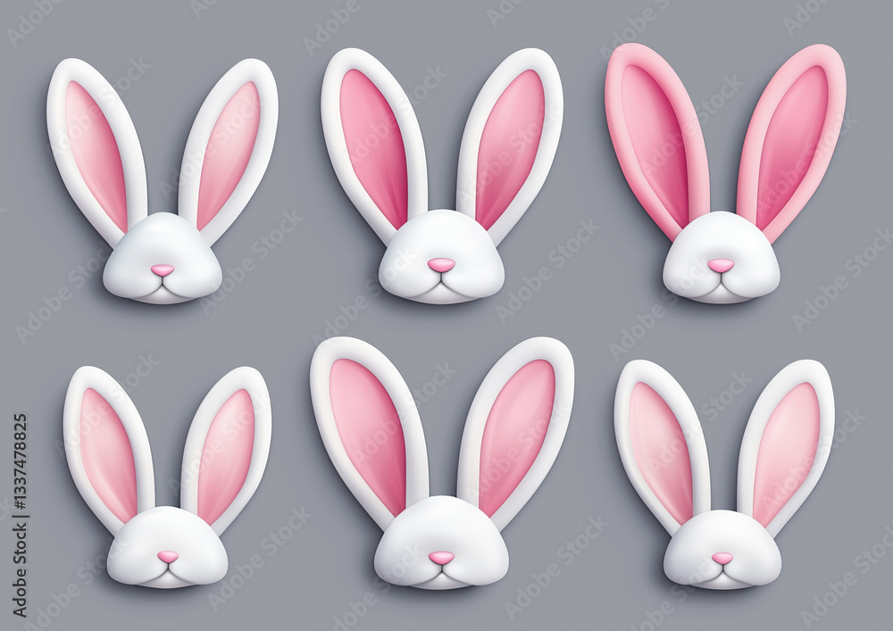 Obraz premium 3D Vector Set of Rabbit Ears for Easter – Flat Style Illustration with Pastel Colors and Simple Shapes on Gray Background