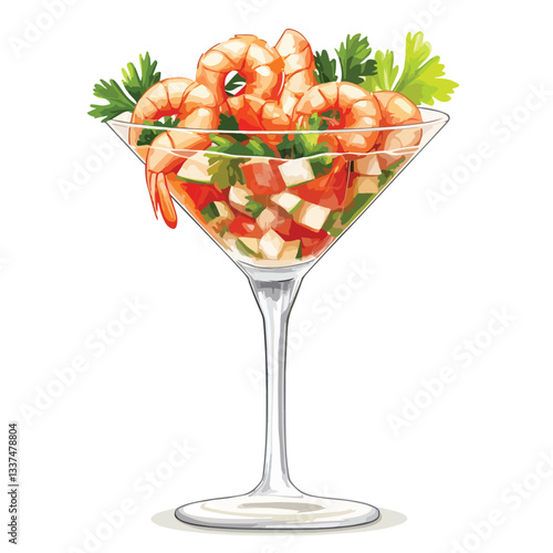 Elegant Shrimp Ceviche in Martini Glass Vector Illustration