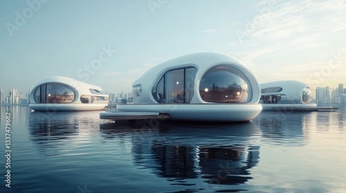 Futuristic aquatic architecture: A serene water city with sleek floating pods