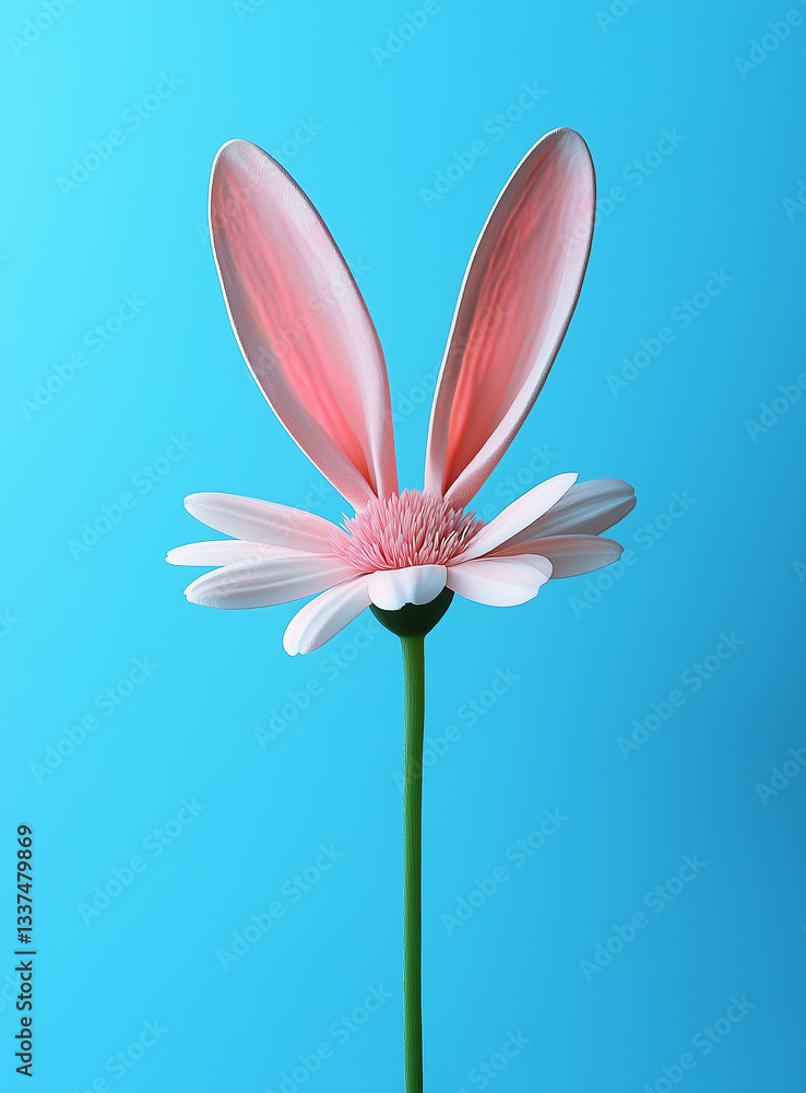 Minimalist Easter Bunny Flower - Ultra HD Pink Bloom with Rabbit Ears on Blue Background for E-commerce Posters & Spring Marketing Campaigns Minimalist Easter Bunny Flower - Ultra HD Pink Bloom with Rabbit Ears on Blue Background for E-commerce Posters & Spring Marketing Campaigns