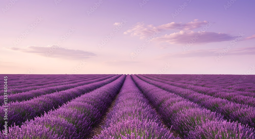 Lavender Field Blooming with Rows of Purple Flowers Under Pink Sky Lavender Field Blooming with Rows of Purple Flowers Under Pink Sky