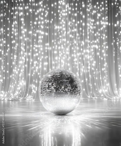 Disco ball on glossy floor with silver curtain	