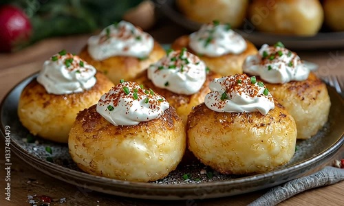 Wallpaper Mural Golden Fried Dumplings Topped With Sour Cream and Garnished With Spices on a Rustic Plate Surrounded by Fresh Ingredients Torontodigital.ca