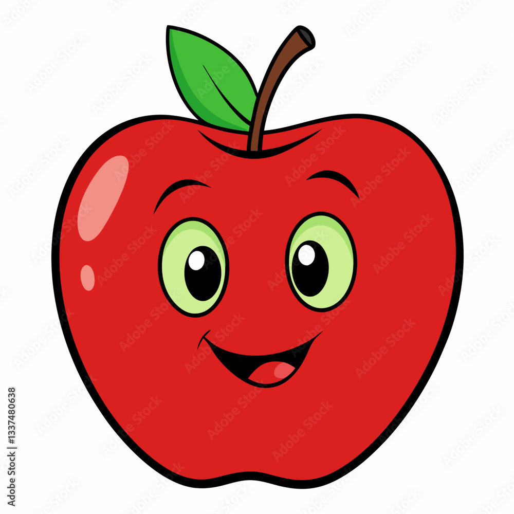 Cute cartoon red apple with smiling face and green leaf, perfect for fruit illustrations, food designs, and children's content. Cute cartoon red apple with smiling face and green leaf, perfect for fruit illustrations, food designs, and children's content.