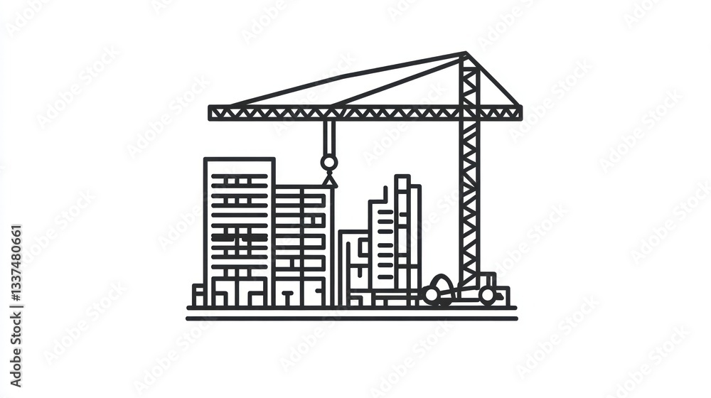 Naklejka premium Urban Construction Site with Crane, Undergoing Development