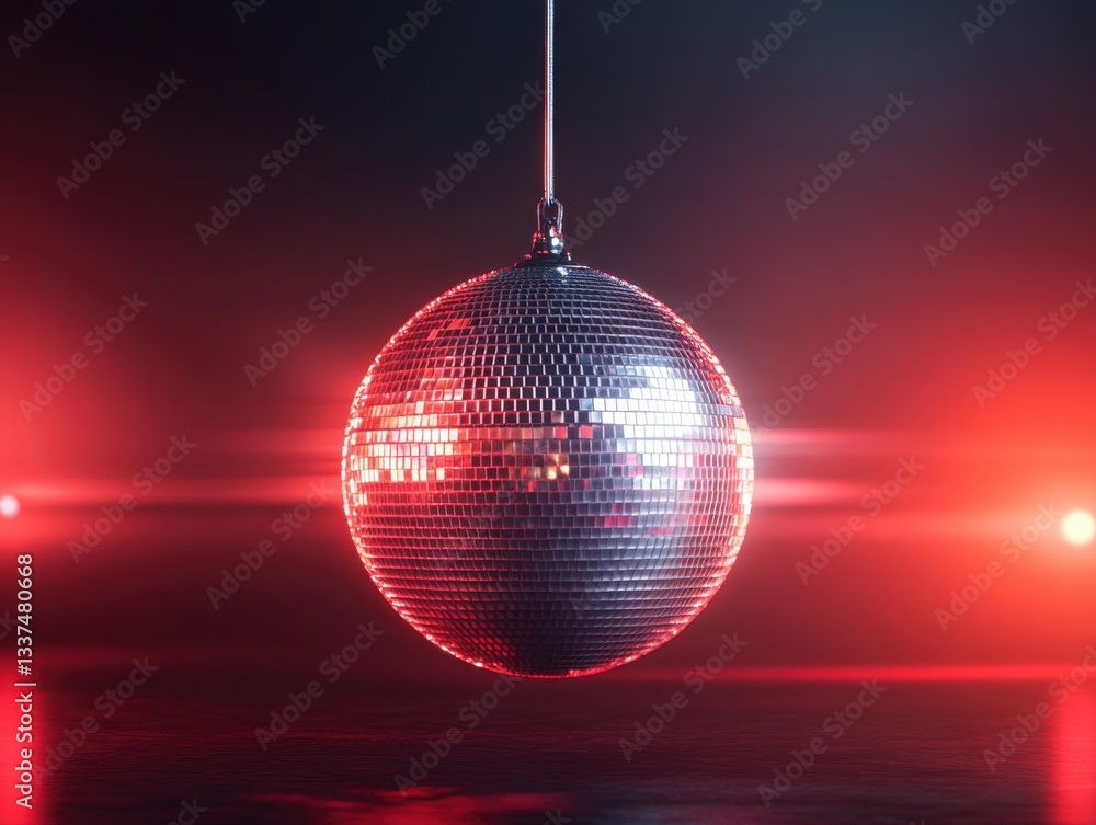 Fototapeta premium Hanging disco ball with red neon lights 