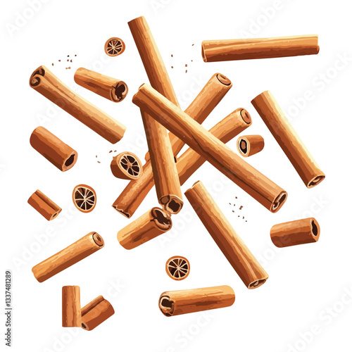 Falling Cinnamon Sticks Isolated on White Background EPS