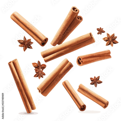 Falling Cinnamon Sticks Isolated on White Background EPS