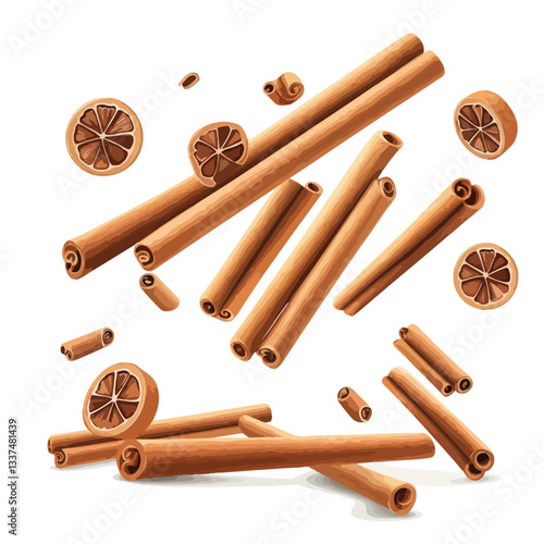Falling Cinnamon Sticks Isolated on White Background EPS
