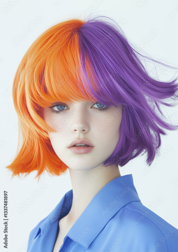 Edgy Orange & Purple Bob Cut - Fashion Model in Blue Against Monochrome Background, Avant-Garde Beauty Portrait for Hair Brand Campaigns Edgy Orange & Purple Bob Cut - Fashion Model in Blue Against Monochrome Background, Avant-Garde Beauty Portrait for Hair Brand Campaigns