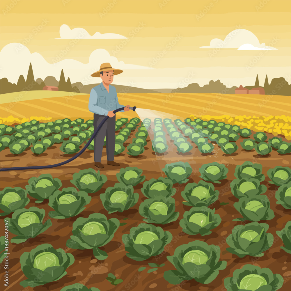 Fototapeta premium Farmer Watering Cabbage Field with Hose Under Warm Sky Illustration