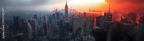 Dramatic Sunset Over New York City Skyline with Skyscrapers and Urban Landscape