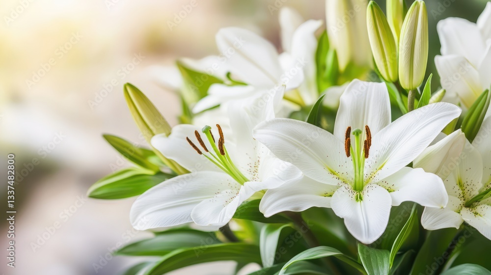 Fototapeta premium A close-up view of white lilies in full bloom, showcasing their delicate petals and vibrant green leaves in a soft, natural setting