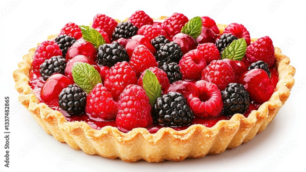 Delicious fruit tart with a golden crust, creamy vanilla custard, and topped with fresh glossy berries, isolated on a white background.
Delicious fruit tart with a golden crust, creamy vanilla custard, and topped with fresh glossy berries, isolated on a white background.