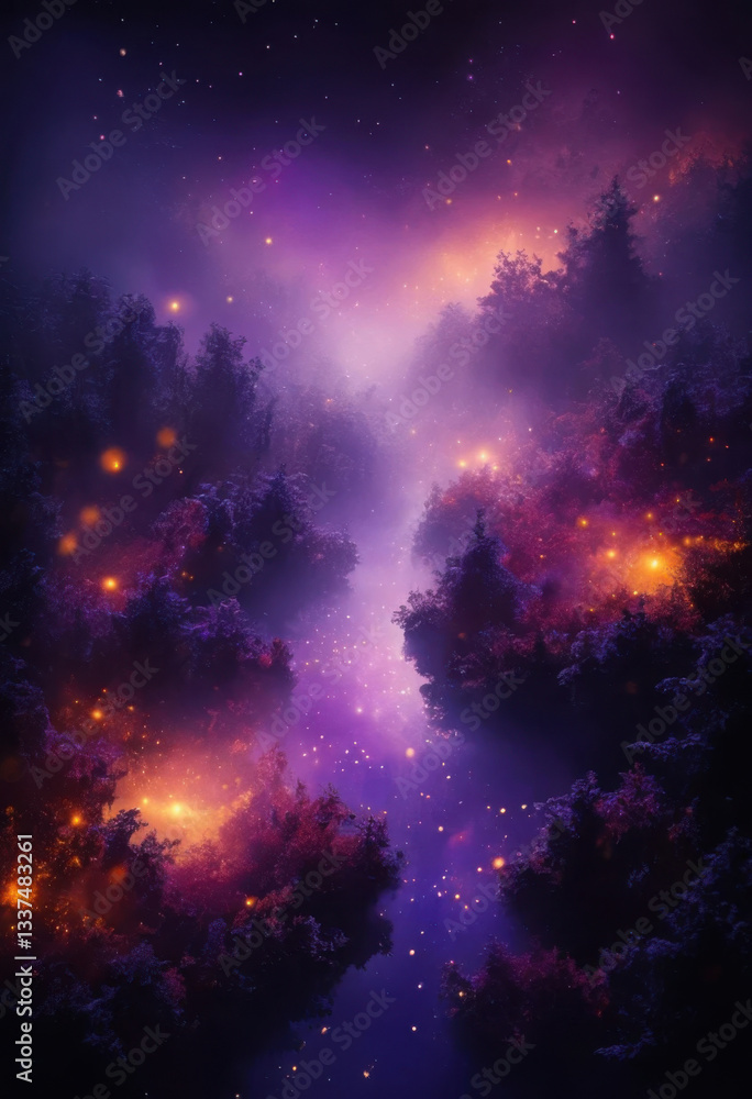 Naklejka premium Niebla violeta profunda y etérea con luces cálidas de color ámbar y carmesí que brillan suavemente, diminutas partículas flotantes que se asemejan a polvo de estrellas encantado