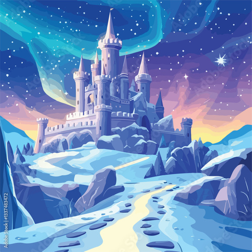 Enchanting Fantasy Castle Under Magical Night Sky Vector Illustration