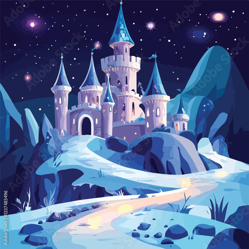 Enchanting Fantasy Castle Under Magical Night Sky Vector Illustration