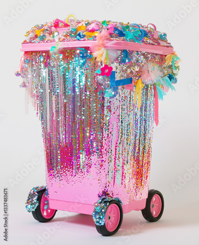 Festive Ombre Pink Trash Can with Blue-Silver Gradient - Glitter & Sequins Wheeled Bin with Colorful Ribbons, Isolated on White for Party Decor & Viral Marketing