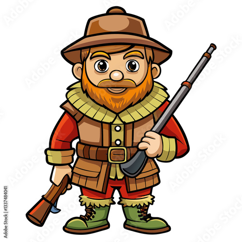 a cartoon illustration of a hunter holding a rifle, full body portrait 