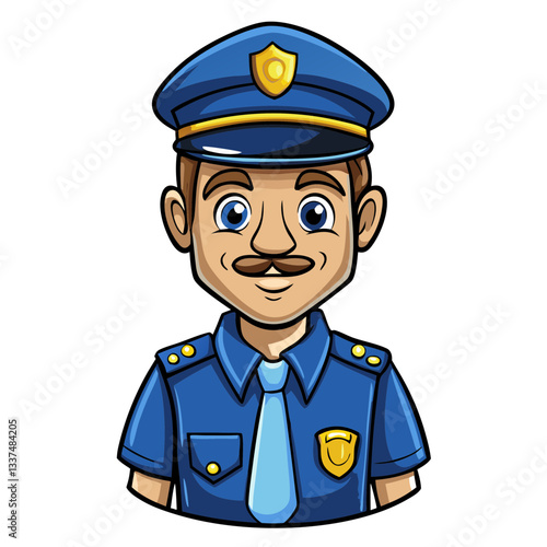 a cartoon illustration of a friendly police officer with a mustache wearing a blue uniform