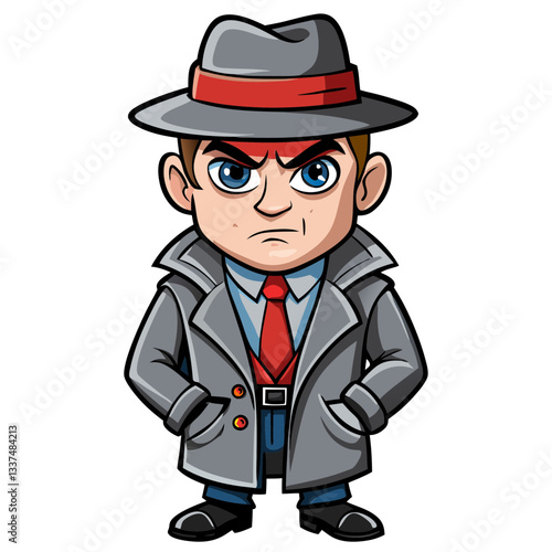 a cartoon image of a serious detective in a trench coat, fedora hat and red tie