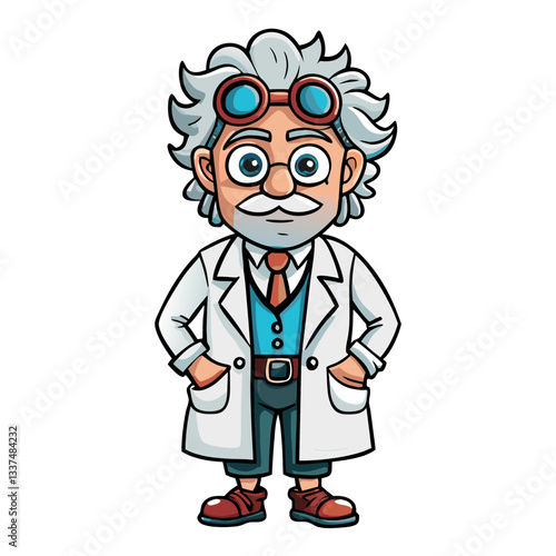 a cartoon illustration of a friendly scientist with glasses, a lab coat, and a big smile 