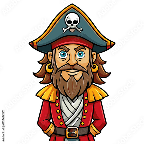 a cartoon illustration of a pirate captain with a stern expression and a pirate hat