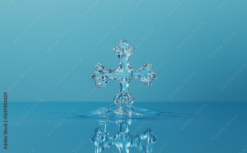 Water Droplet with Christian Cross Symbol on Rippled Blue Surface – Divine Light and Reflection Water Droplet with Christian Cross Symbol on Rippled Blue Surface – Divine Light and Reflection