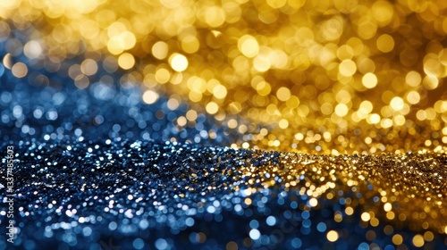 Experience the beauty of abstract bokeh with a blend of yellow gold and navy blue, perfect for elevating designs.
