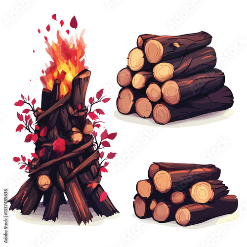 Firewood Pile Cartoon Vector Set for Bonfire Themes