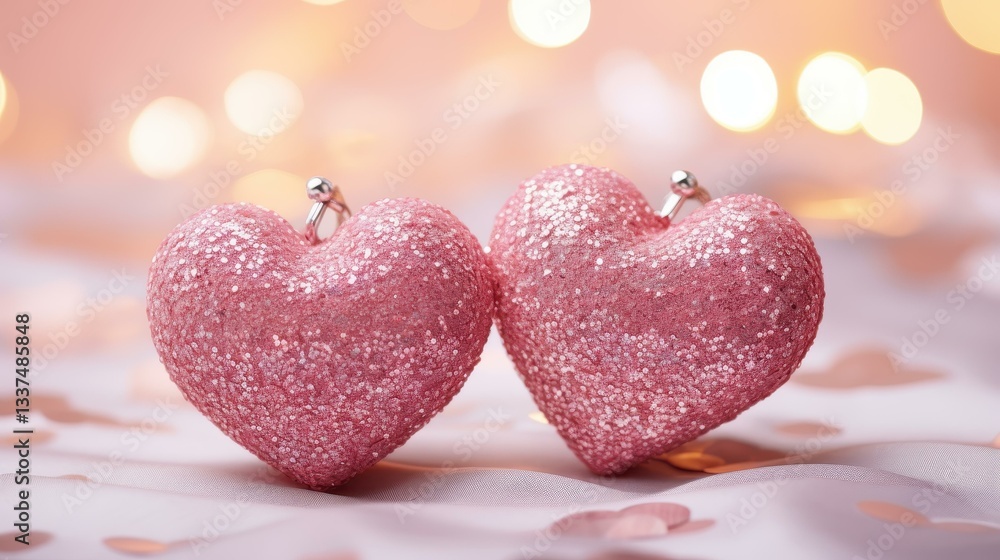 Obraz premium Two sparkly hearts shine on a pink glitter backdrop, creating a vibrant, romantic atmosphere for any occasion.