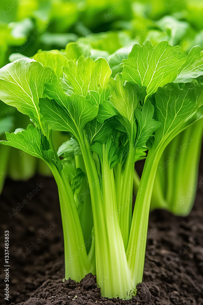 Obraz premium Celery plants flourish in a vibrant, pesticide-free garden, with lush green stalks and leaves creating a lively, healthy atmosphere, thriving amidst rich soil
