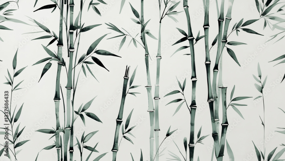 Naklejka premium Elegant botanical pattern of bamboo stems and leaves in varying shades of green against a light background, creating a peaceful ambiance.