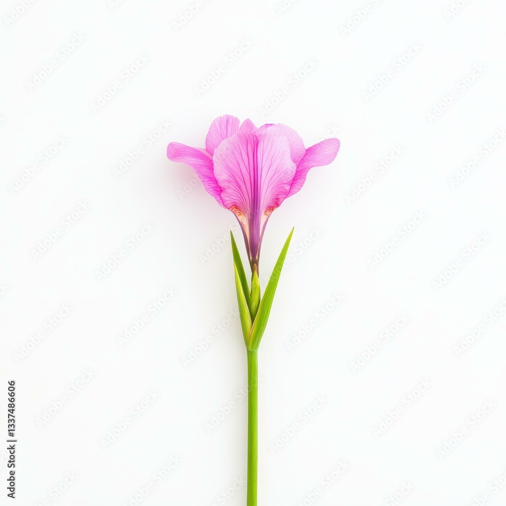 Fototapeta premium A stunning pink iris blooms beautifully, standing out against a crisp white backdrop, adding elegance and charm.