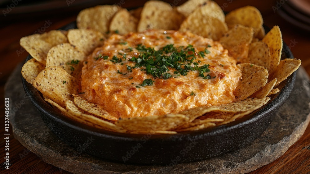 Appetizing dip served with tortilla chips in a skillet, garnished with herbs Appetizing dip served with tortilla chips in a skillet, garnished with herbs