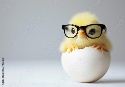 Minimalist Yellow Chick in Egg with Black Glasses - Playful High-Resolution Studio Shot on gray - Perfect for Easter Branding, Social Media & Quirky Product Design