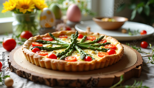 Vegetable tart with cherry tomatoes and asparagus on wooden platter
