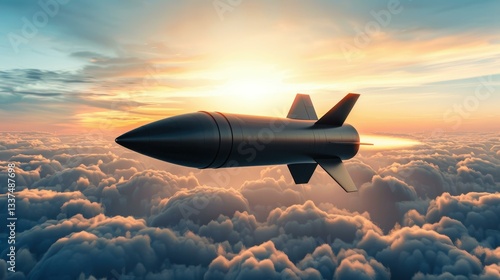 A combat rocket soars high above, ready for action in a tense air battle, showcasing advanced military technology.