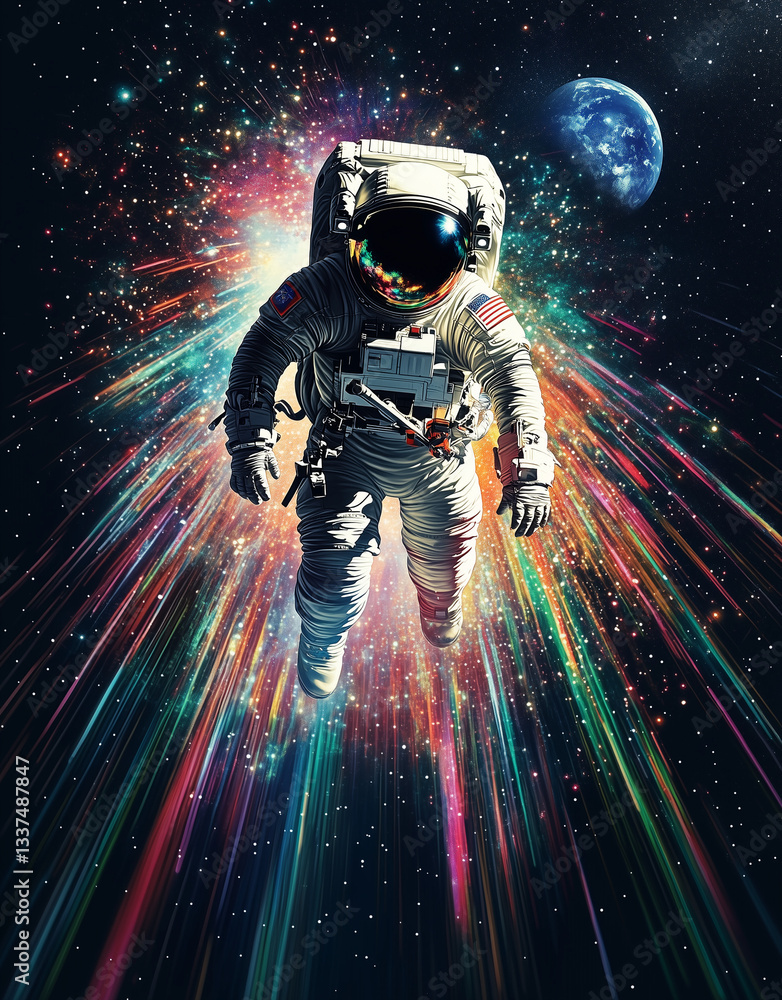 Fototapeta premium Astronaut Floating in Cosmic Light - Ultra HD Space Portrait with Earth & Galactic Rays, Surreal Sci-Fi Scene for Branding & Wall Art