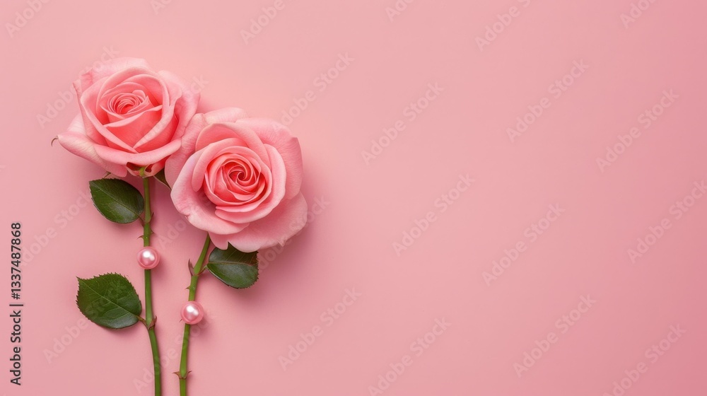 A romantic scene adorned with sweet pink roses and pearls, perfect for Valentines Day or wedding backgrounds. A touch of elegance A romantic scene adorned with sweet pink roses and pearls, perfect for Valentines Day or wedding backgrounds. A touch of elegance