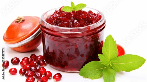 A vibrant, homemade cranberry sauce glistens on a white background, bringing festive flavor to your holiday feast.