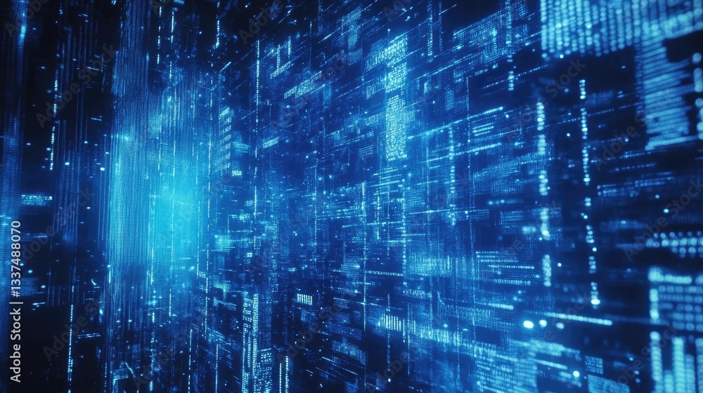 Abstract digital data stream with glowing blue lines and patterns, representing technology and innovation in a futuristic setting Abstract digital data stream with glowing blue lines and patterns, representing technology and innovation in a futuristic setting