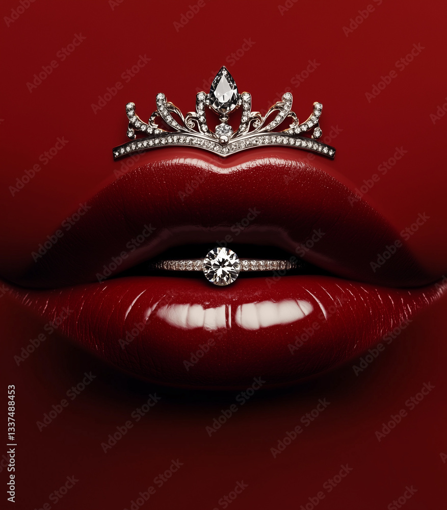 Naklejka premium Regal Red Lips with Silver Crown & Diamond Ring - Luxury Lip Art for Cosmetic Branding & High-End Beauty Campaigns